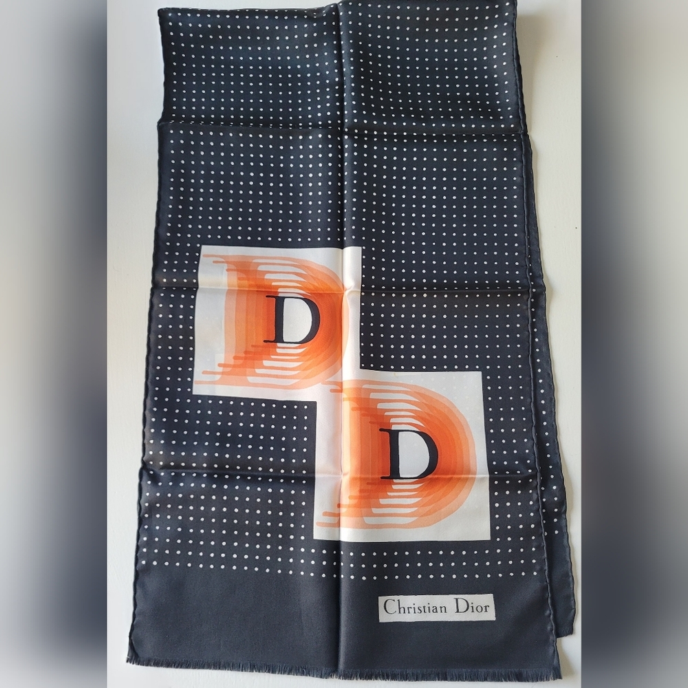 Vintage 70s Dior Black and Orange Silk Scarf